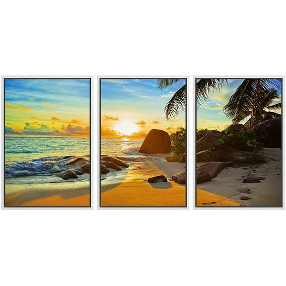 wall26 - 3 Piece Framed Canvas Wall Art - Tropical Beach at Sunset - Nature Background - Modern Home Art Stretched and Framed Ready to Hang - 24"x36"x3 WHITE