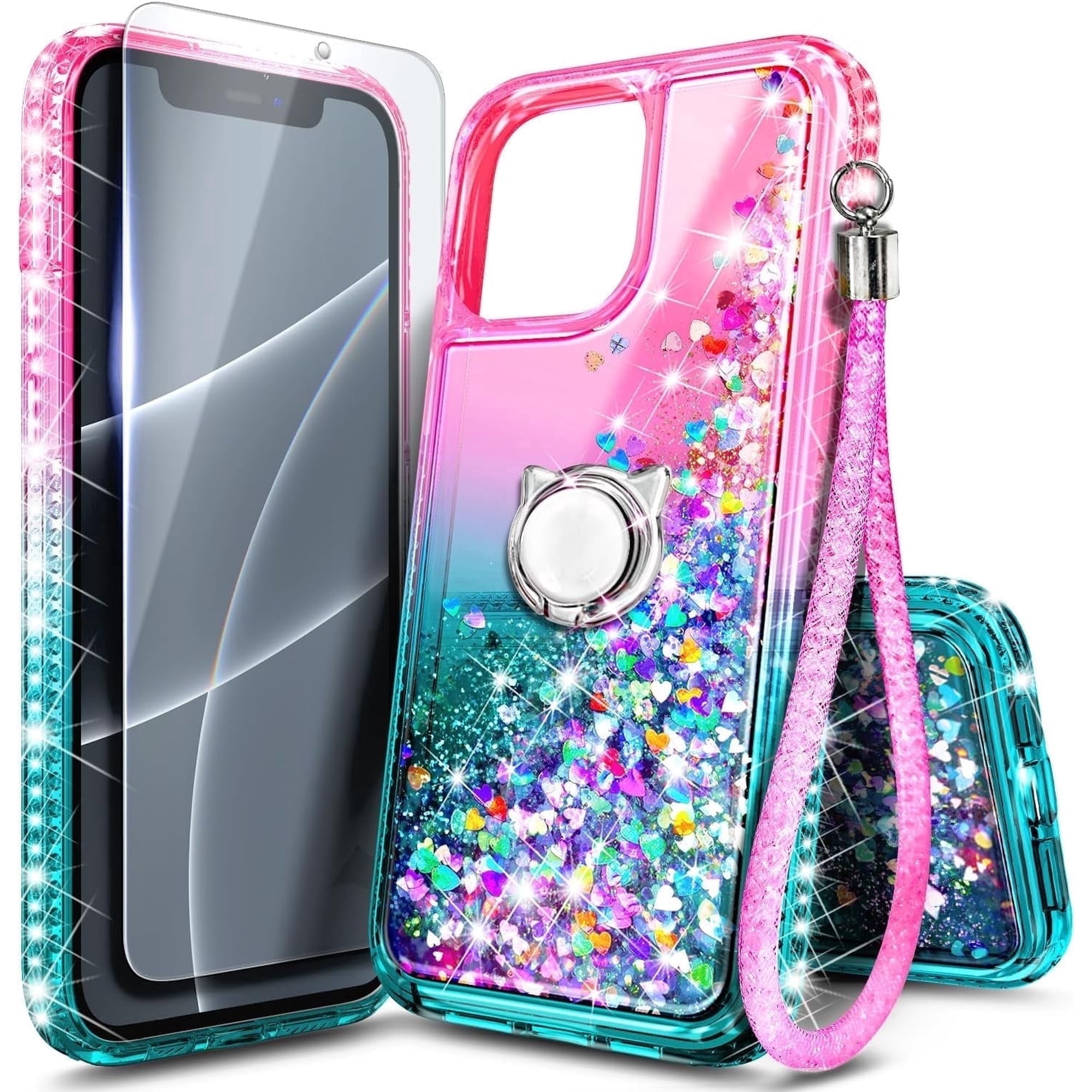 NGB SUPREMACY For iPhone 13/iPhone 14 Phone Case Screen Protector Ring Holder Wrist Strap Lanyard Shiny Sparkly Glitter iPhone 13/14 Case Cover