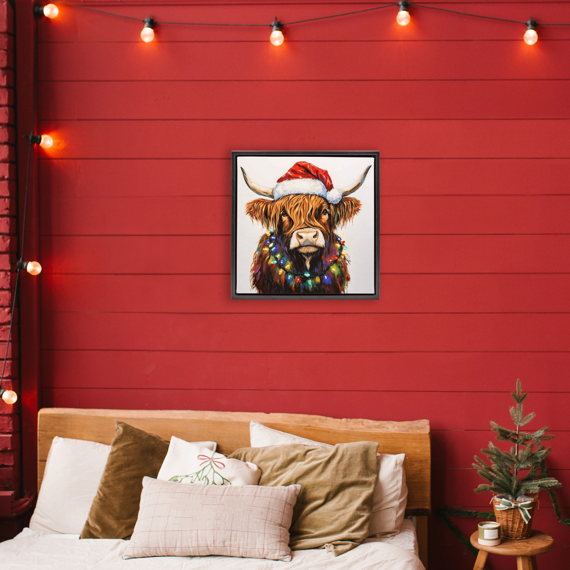 Holiday Lights Bedecked Highland Black Framed Floater Canvas Wall Art, design by Petal Prints Design
