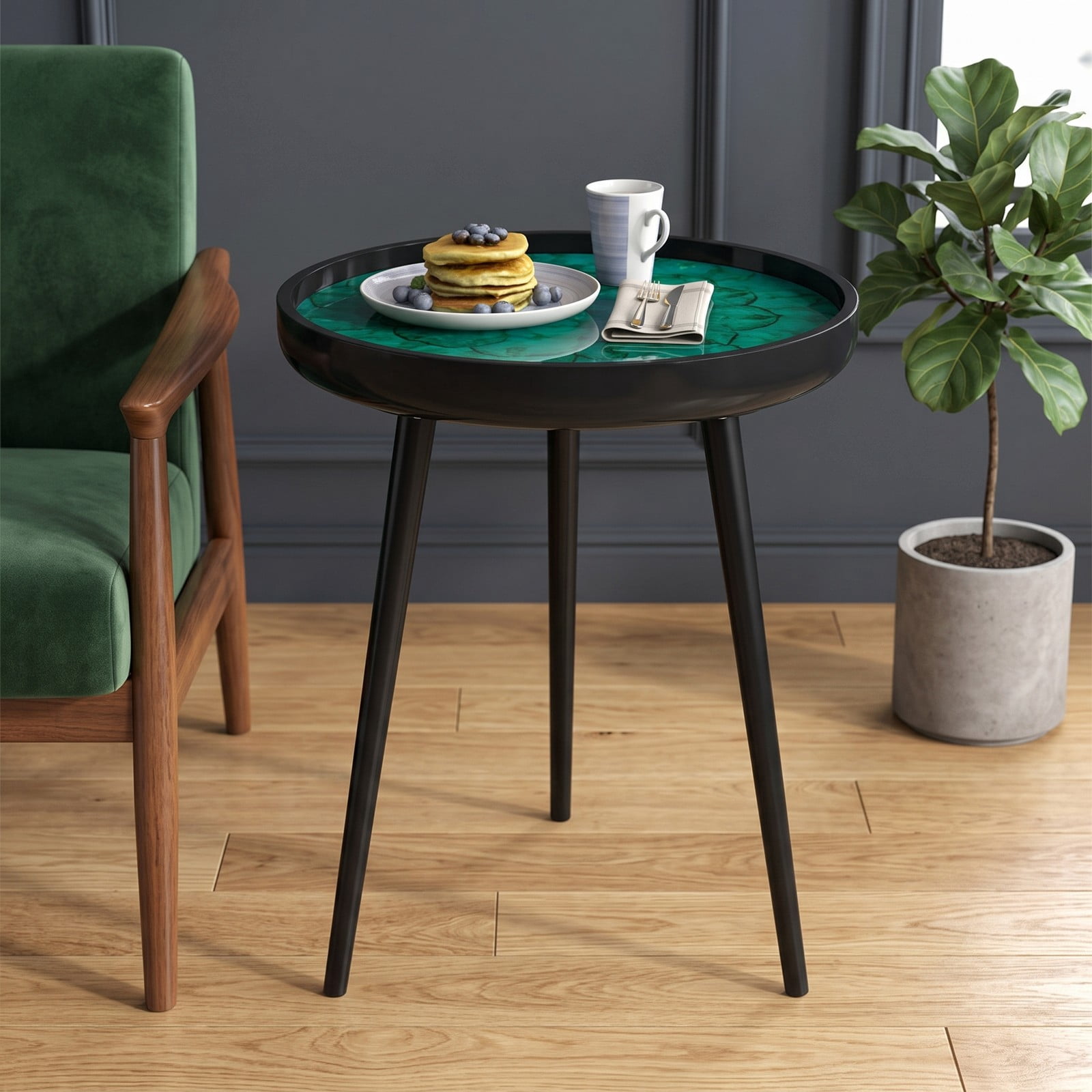 Furnibear 16 Inch Mid-Century Modern End Table, Handmade Sea Shell Accent Side Table with Epoxy Resin Waterproof Tray Top and Mahogany Wood Legs for Living Room, Green
