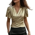 thumbnail image 1 of Ashirexll Womens Casual Tops, Solid Color Short Sleeve V-Neck Satin Spring Summer Top, 1 of 5