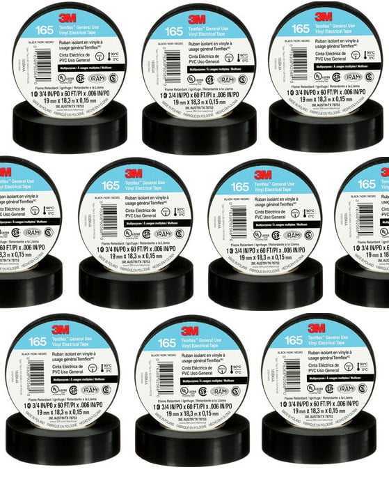 3M Temflex Vinyl Electrical Tape 165 Multi-purpose 3/4" X 60FT Black 50 Rolls 