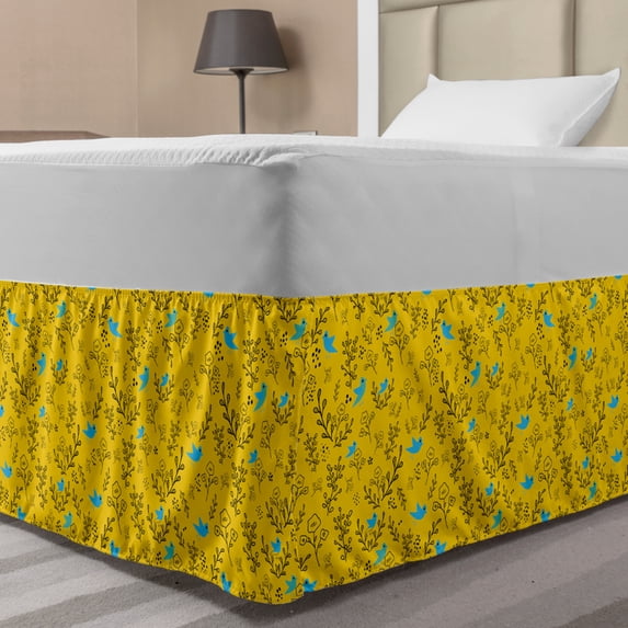 Botanical Bed Skirt, Layout of Birds Berries and Branches, Elastic Bedskirt Dust Ruffle Wrap Around for Bedding Decor, 4 Sizes, Earth Yellow Seafoam, by Ambesonne