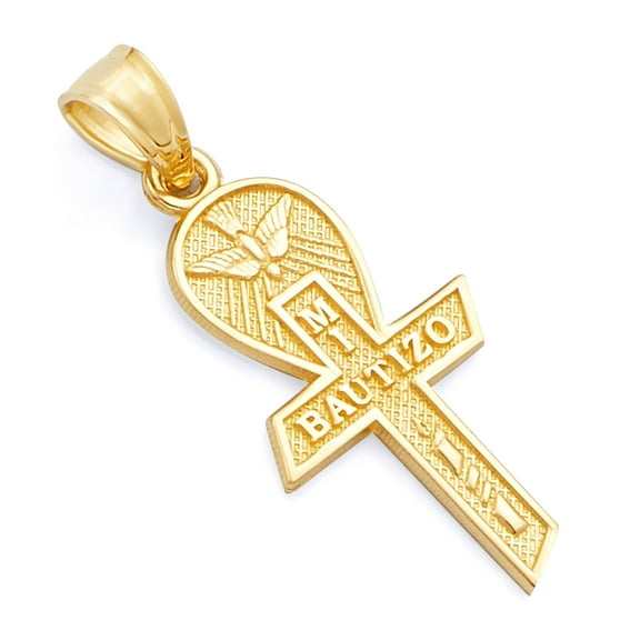 Wellingsale 14K Yellow Gold Polished Milgrain Religious Baptism "Mi Bautizo" Charm Pendant with Cross
