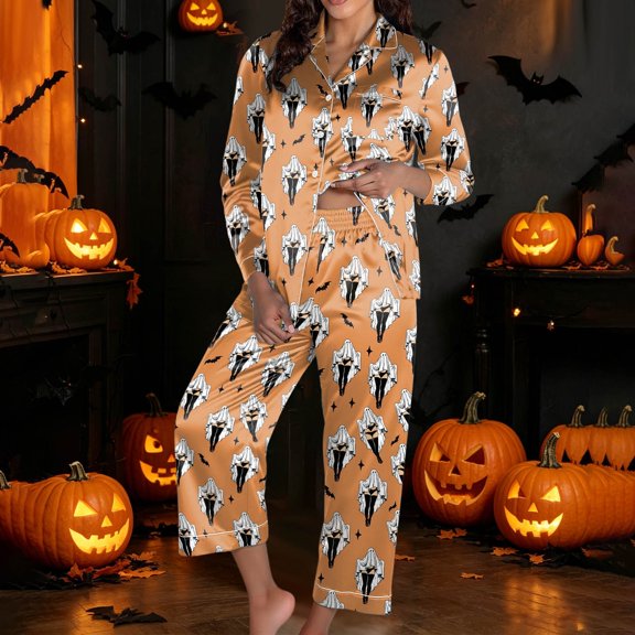 Womens Halloween Pajamas Themed Sleepwear Long Sleeve Sleepwear Set Top with Pants Cozy Home Comfort Womens Pajama Sets White XXL