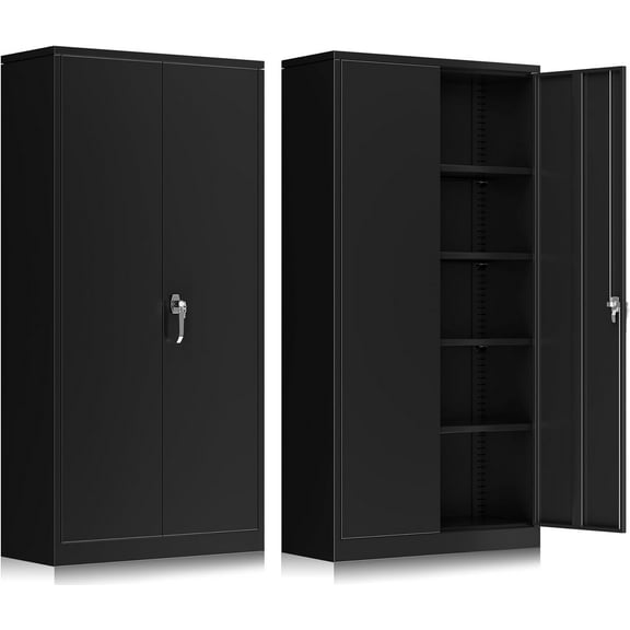 72-Inch Metal Storage Cabinet for Garage, Lockable Steel Cabinet with Doors and Adjustable Shelves, Black Locking Storage Unit for Office, Home, Gym, and School.