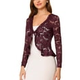 thumbnail image 4 of MODA NOVA Juniors Tie Front Ruffled Hem Floral Lace Sheer Shrug Cropped Cardigan, 4 of 6
