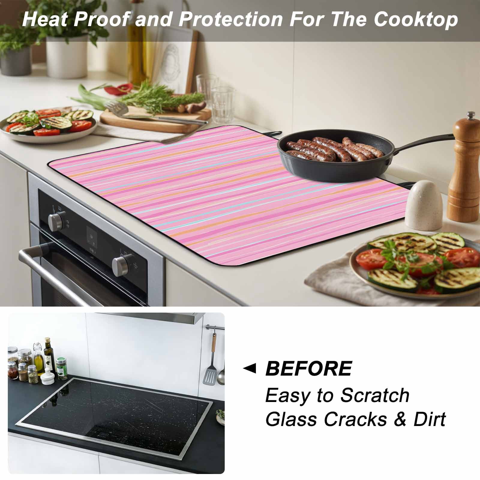 Pink Orange Blue Stripe Stove Top Cover for Electric Stove, Heat-proof & Non Slip Glass Top Stove Cover Protector, Modern Abstract Art Striped Farmhouse Kitchen Flat Cooktop Rubber Mat 24x21 Inches