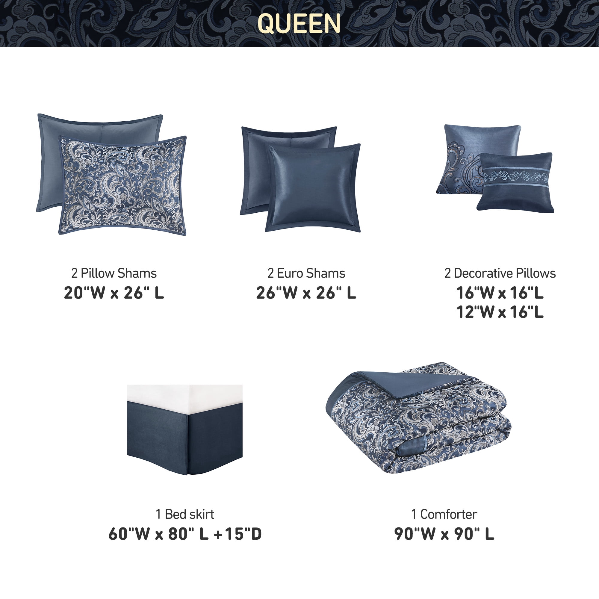 Regency Heights 8 Pieces Jacquard Comforter Set with Bedskirt and Decor Pillows, Queen, Navy