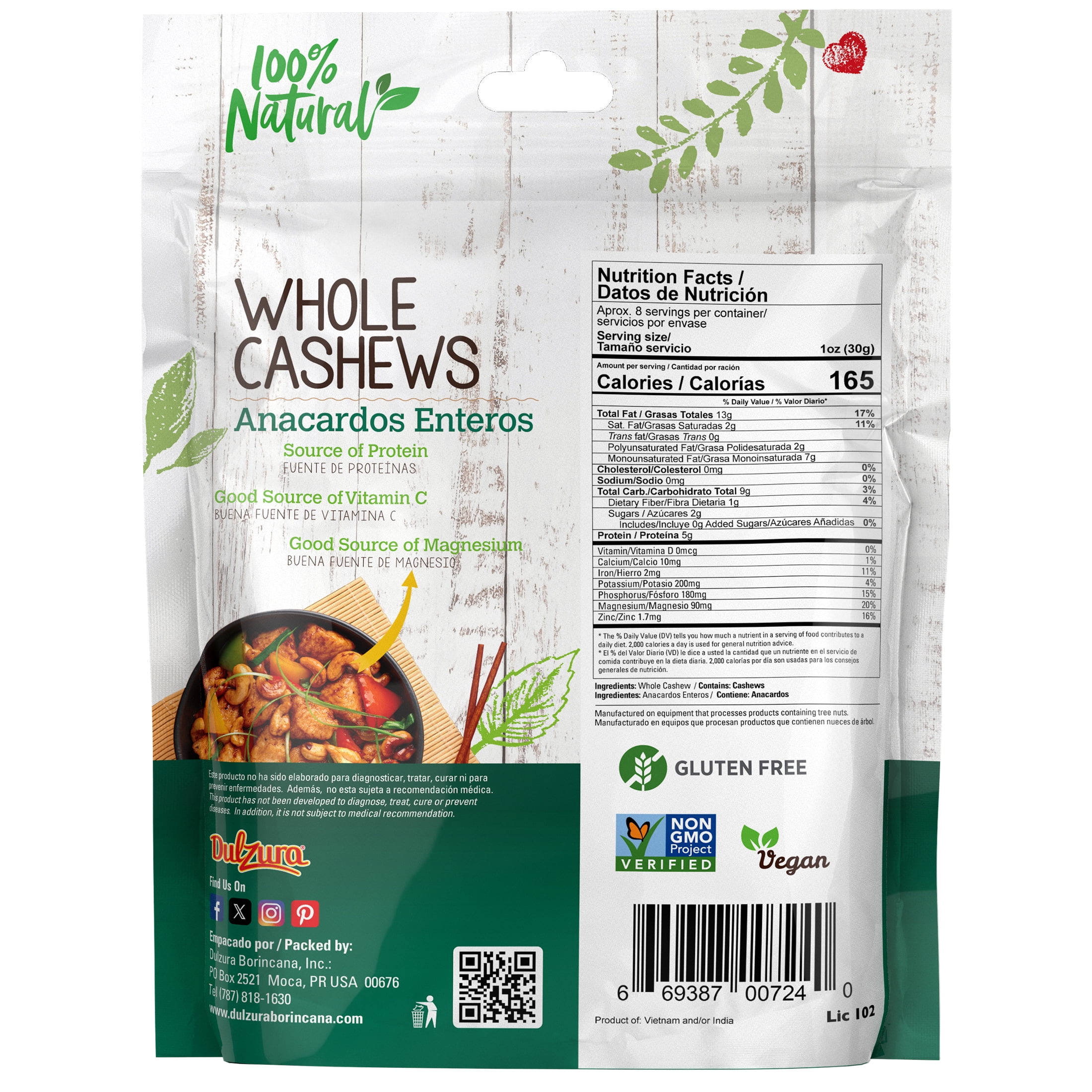 Dulzura Natural Whole Cashews 8oz Bag, Vegan, Gluten Free, NON-GMO