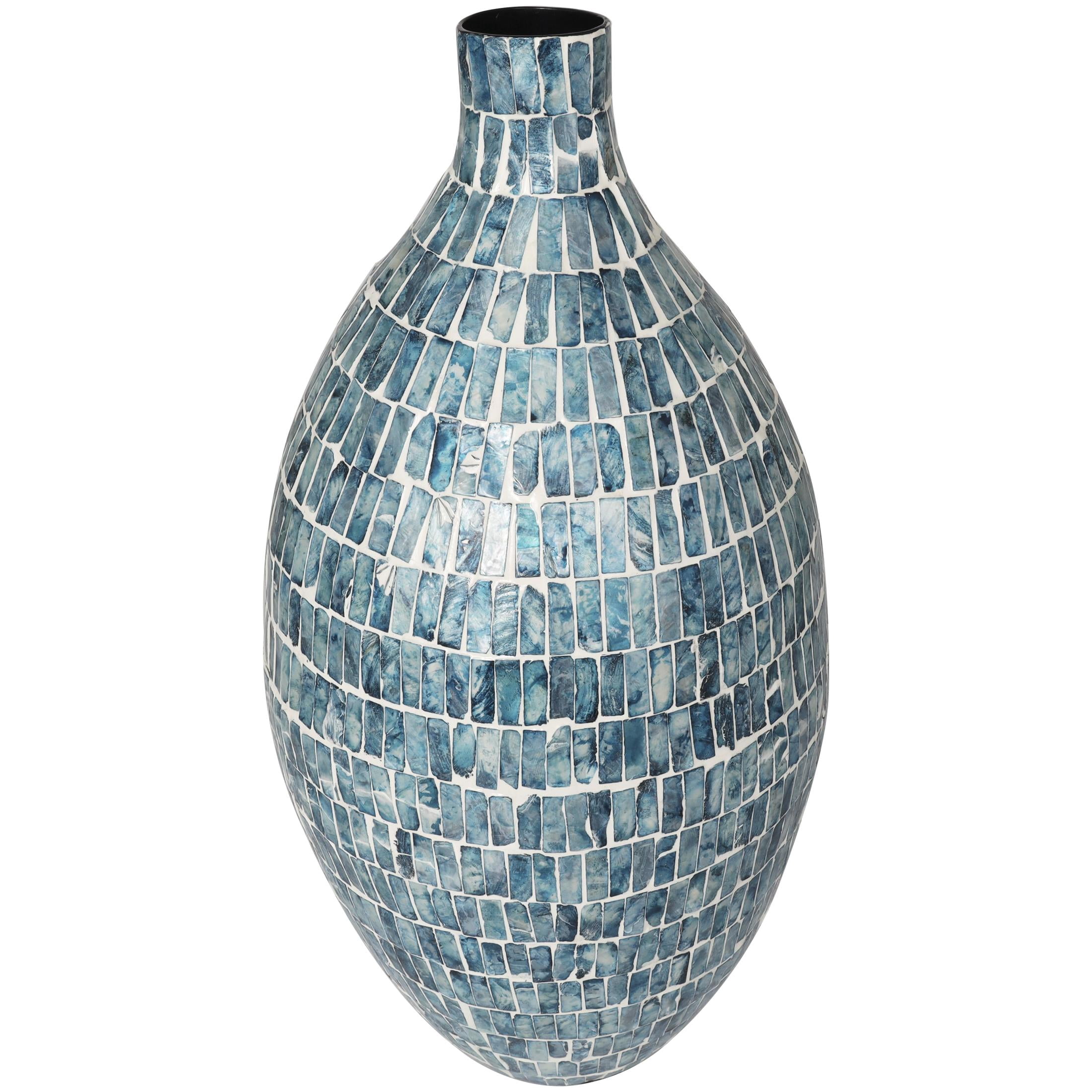 DecMode 22" Handmade Mosaic Inspired Blue Mother of Pearl Shell Vase