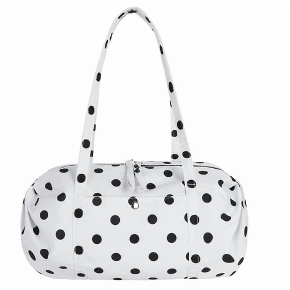 Women Polka Dot Retro Shoulder Bag Large Capacity Slouchy Hobo Purse with Zipper Top Handle Bag for Travel Shopping Daily Use (White)