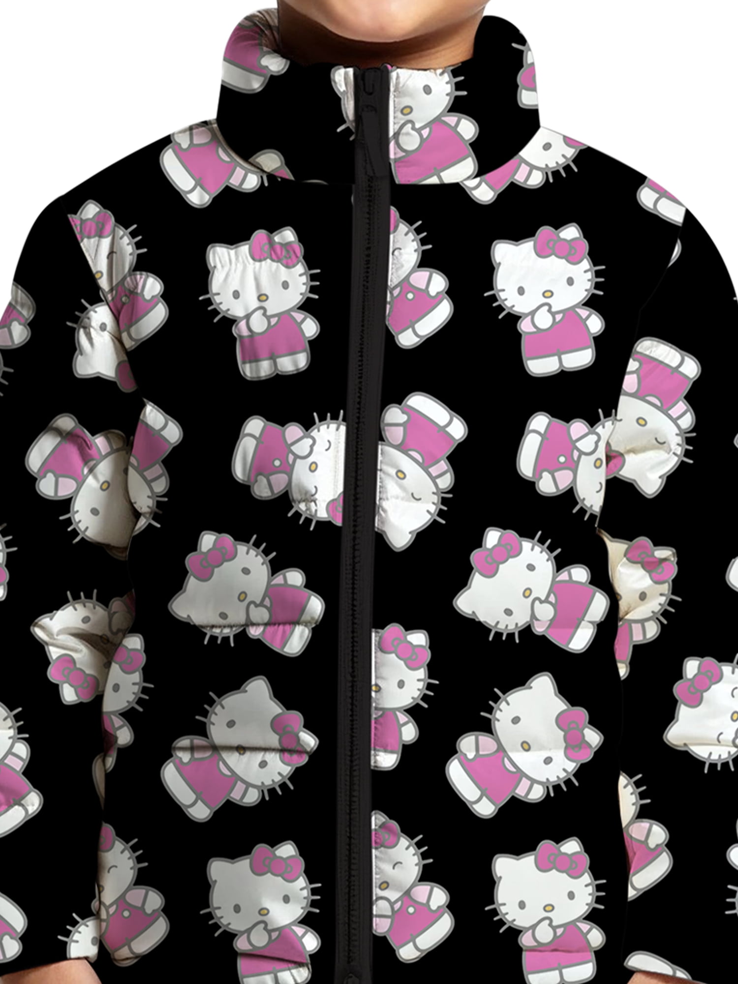 Hello Kitty Girls and Big Girls Print Zip Puffer Jacket, Lightweight, Sizes 4-18