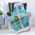 thumbnail image 4 of Ocean Soft Flannel Fleece Blanket, Ocean View from the Window on Island in Sunny Summer Day Peaceful Relaxation Resting, Cozy Plush for Indoor and Outdoor Use, 50" x 60", Pink Blue, by Ambesonne, 4 of 5