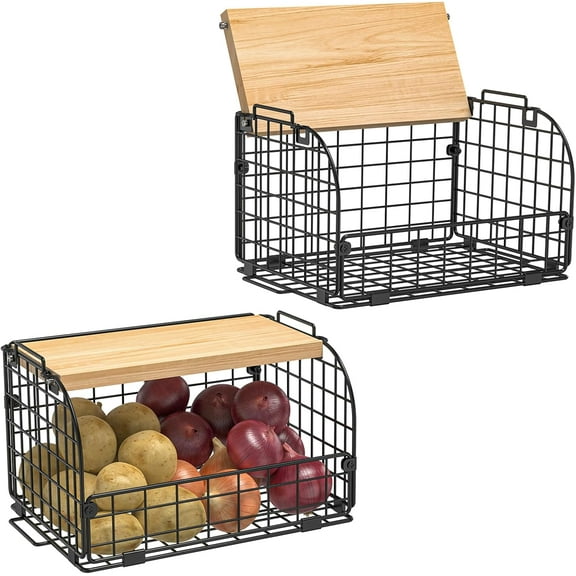 2 Set Stackable Wire Basket with Openable Top, Kitchen Counter, Pantry Organizer and Storage Produce Onion Potato Fruits Vegs Bread Food Snack Spice Organizing Bin for Cabinet Shelf Countertop Floor