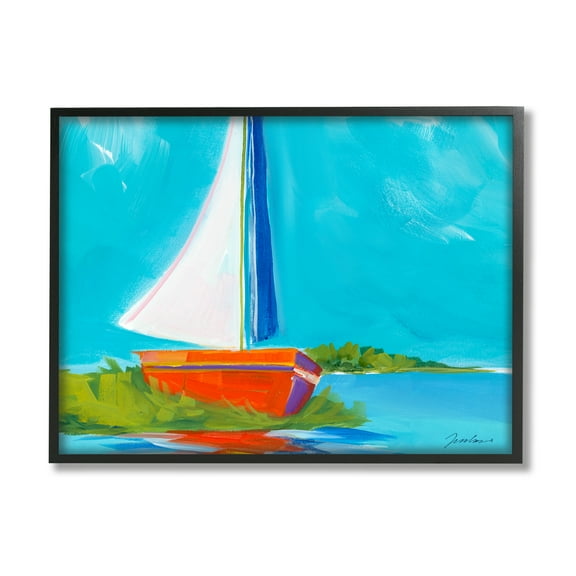 Stupell Industries Modern Sailboat on Shore Transportation Painting Black Framed Art Print Wall Art, 14 x 11