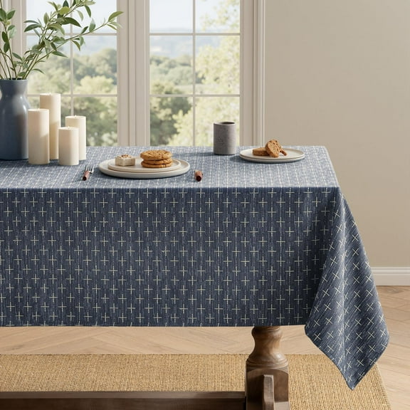 Navy Blue Linen Table Cloth Rectangle Waterproof Spillproof Cross-Star Textured, Decorative Rustic Farmhouse Style for Dining/Party/Buffet/Wedding