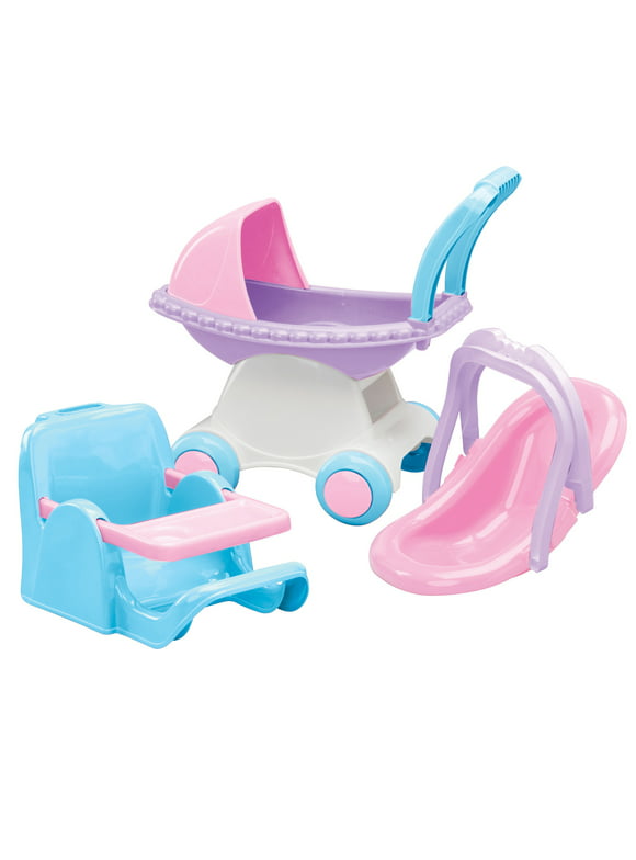 American Plastic Toys My Doll 3-Piece Doll Care Set for Kids with Doll Stroller, Doll Car Seat, and Doll High Chair