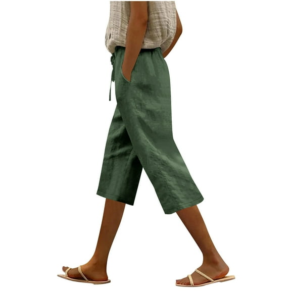 QQAMB Women's Capris Pants Elastic Waisted Drawstring Solid Color Cotton Linen Summer Lightweight Pants Army Green L