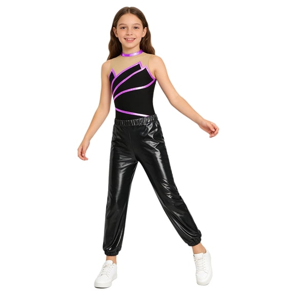 TTAO Kids Dance Leotard Outfits Girls Sleeveless Dance Unitards Gymnastics Leotard and Harem Pants Set Purple&Black 16
