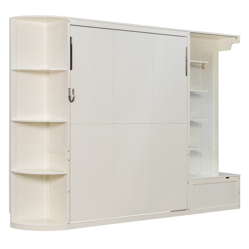 Queen Murphy Bed with Shelves, Coat Hook & Hidden Storage Cabinet, Space-Saving Wall Platform Bed with Built-in Lights