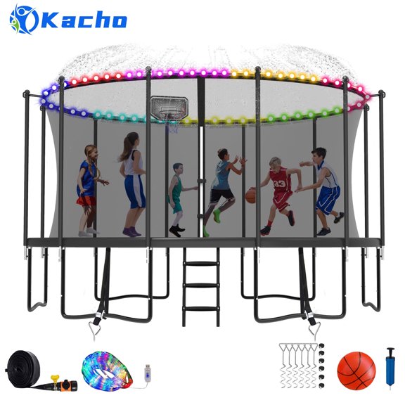 Kacho Trampoline for Kids and Adults 15FT, 1500LBS Trampoline with Enclosure Net, Sprinkler, Light, Heavy Duty Trampoline with Basketball Hoop, Ladder, Outdoor Recreational Trampoline No Gap Design