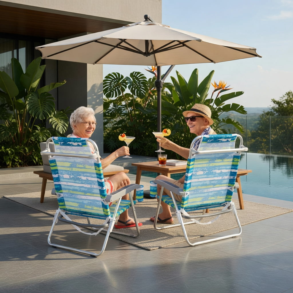 Hommoo 2-Pack Lightweight Folding Beach Chair with 5-Position Recline, Padded Headrest & Cup Holder, Green