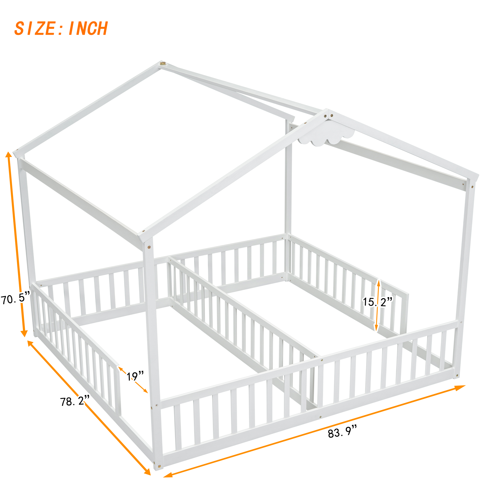 Aukfa Double Twin Bed Frame for 2 Kids Toddlers, Two House Bed with Fence, Two Shared Beds, White