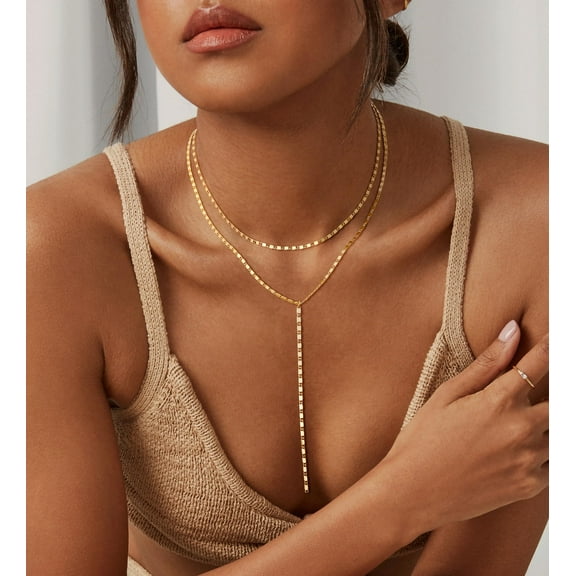 Tewiky 2Pcs Gold Necklace for Women,Dainty Layered Stacked Chain Choker Necklace - Trendy Gold Plated Layering Necklaces Cross Long Necklace for Women Jewelry