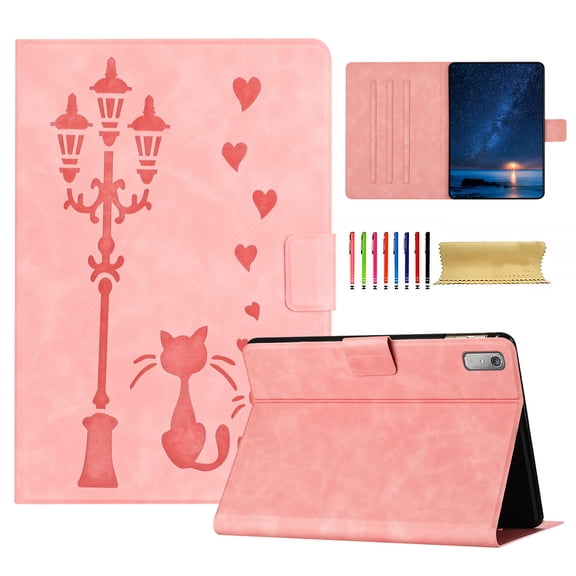 for Lenovo Tab M9 9.0" 2023 Folio Flip Case, Embossed PU Leather Case with Smart Auto Wake / Sleep & Adjustable Stand (3 Anti-Slip Strips) with Card Slots, Pink