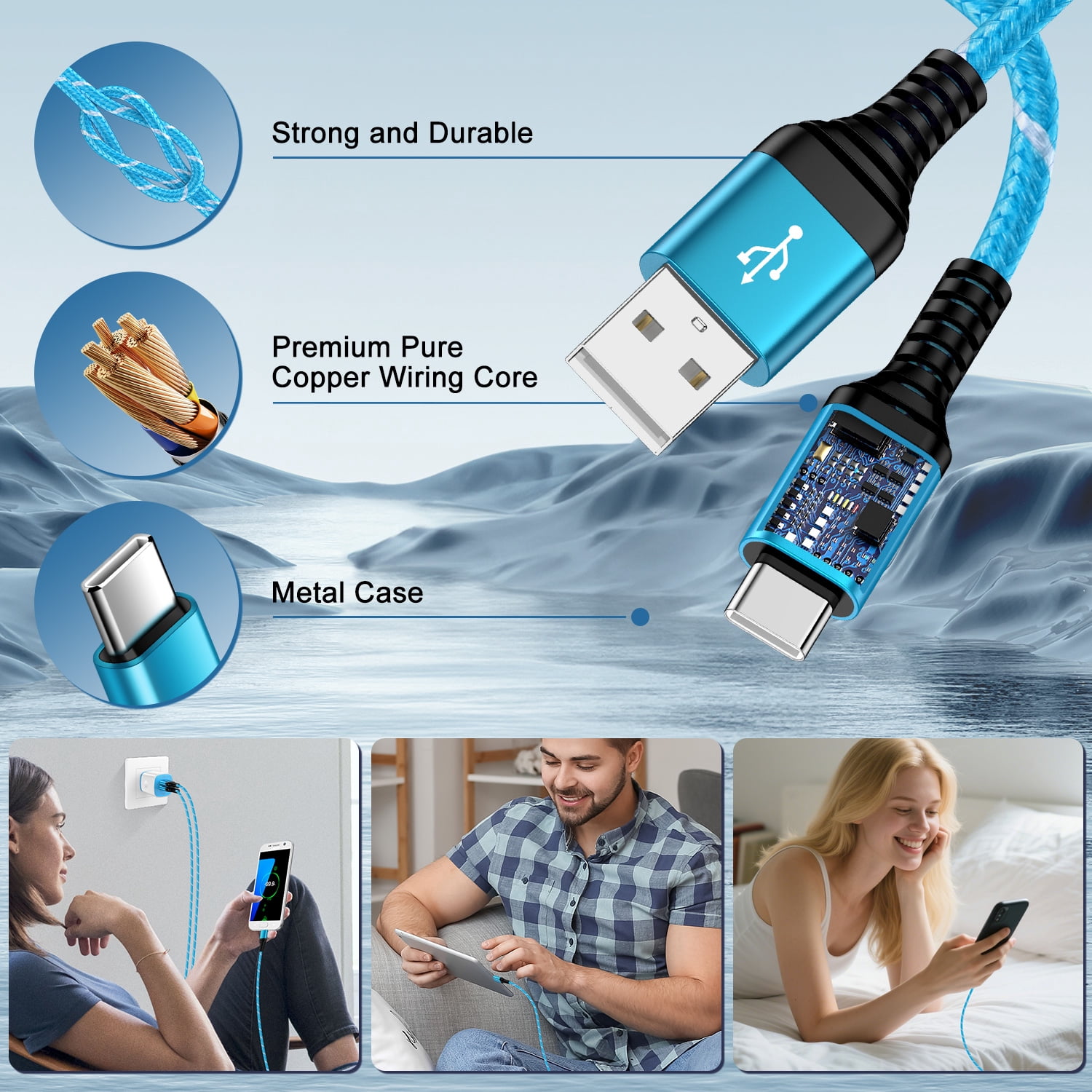 USB C Charger Block Fast Charging, 2 Pack Dual Port USB Wall Charger with 6FT USB C Cable, Type C Block Wall Charger Adapter USB C Brick Cube with USB C Phone Charger Cords, Blue