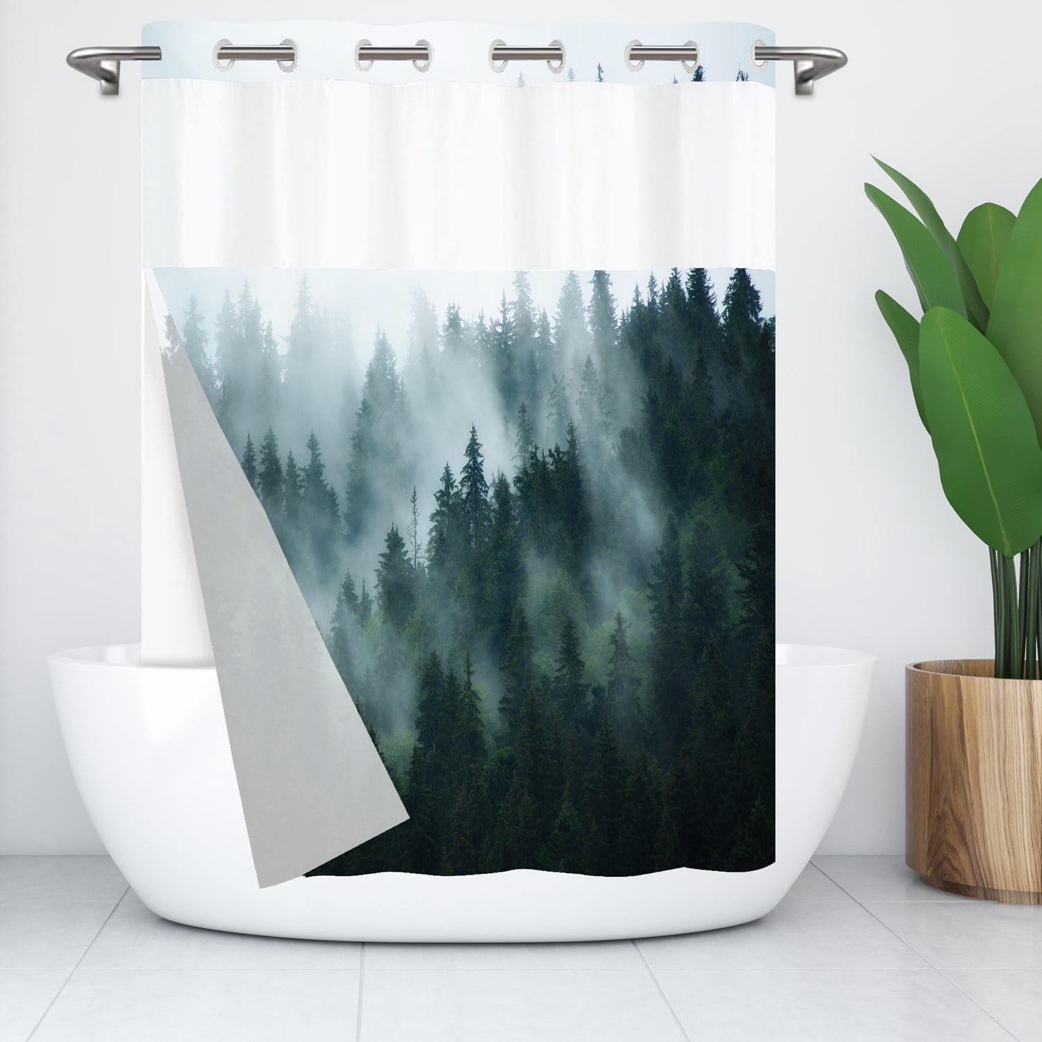 Goodbath No Hook Shower Curtain with Snap in Liner,Nature Landscapes Misty Forest Trees Fabrci Shower Curtains, Double Layer, Mesh Top Window,71 x74 inches,Green