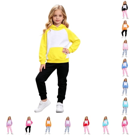 Boys Girls Sweatsuit Set Cute Color Matching Athletic Pullover Hooded Sweatshirt and Jogger Pants with Pocket Casual Outfuts Set 11-12 Years