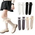 thumbnail image 2 of LYMAYTER Kids Girls Cotton Knee High Socks 2 Pairs Toddler Flower Mid-Calf Sock Spring Fall Bowknot Stacked Socks for 3-12 Years, 2 of 9
