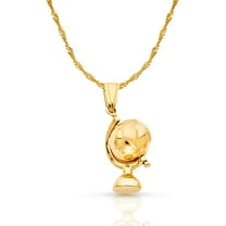 14K Yellow Gold Earth Globe Traveler's Charm Pendant with 1.2mm Singapore Chain Necklace - 22"