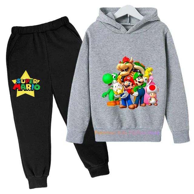 Conjunto de Sudadera con capucha de Super Mario para niños y niñas, ropa informal con capucha y pantalones, 2 piezas, primavera y otoño