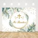 thumbnail image 2 of Telón de fondo para decoraciones de fiesta de bautizo mexicano, pancarta de primera comunión con la frase "Dios bendiga" y hojas de eucalipto verdes, fondo para bautizo, baby shower de recién nacido,, 2 of 4