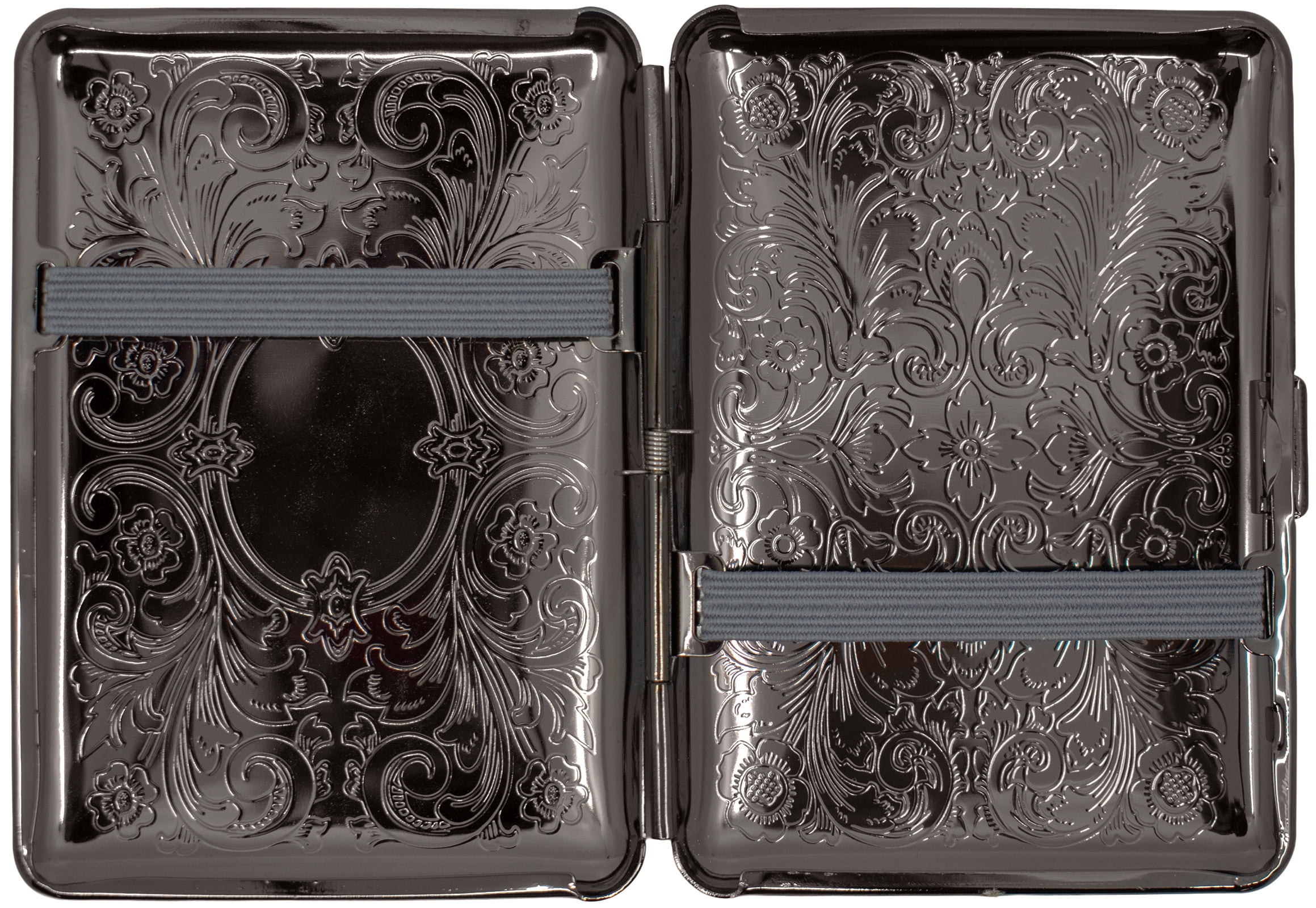 Set of 2 Compact Metal-Plated King Size Cigarette Case With Elastic Bands (Gunmetal Victorian Scroll)