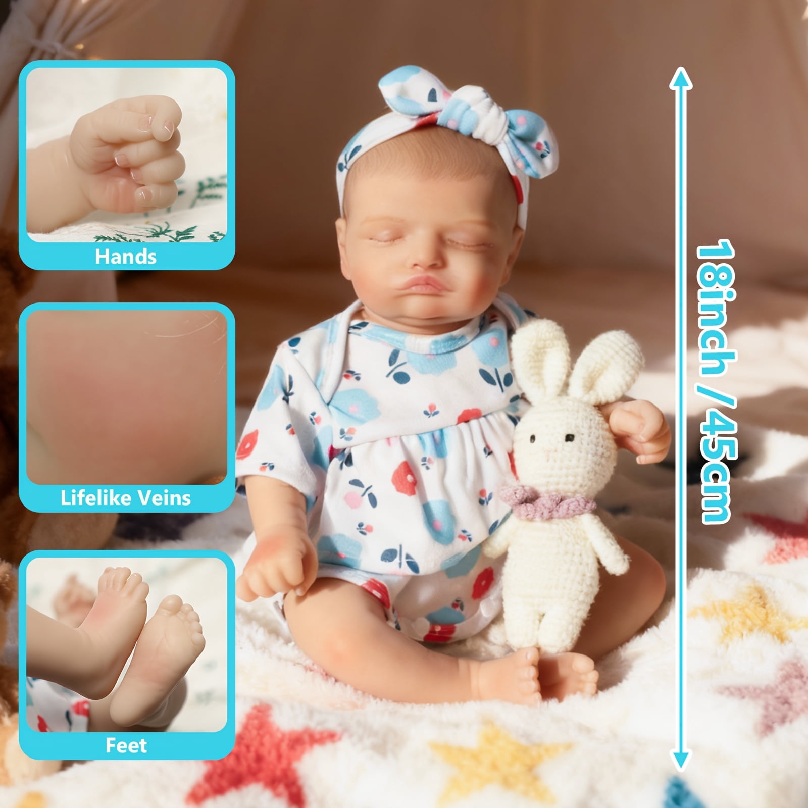 Realistic Reborn Baby Doll, 18 Inch Sleeping Baby Doll, Soft Cloth Body Lifelike Newborn Doll With Feeding Accessories, Baby Doll Toy Gift For Kids Age 3+
