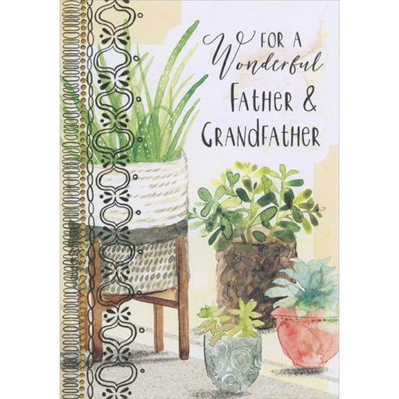 Designer Greetings Watercolor Plants in Pots with Gold Foil Dotted Vertical Left Border Father's Day Card for Father / Grandfather