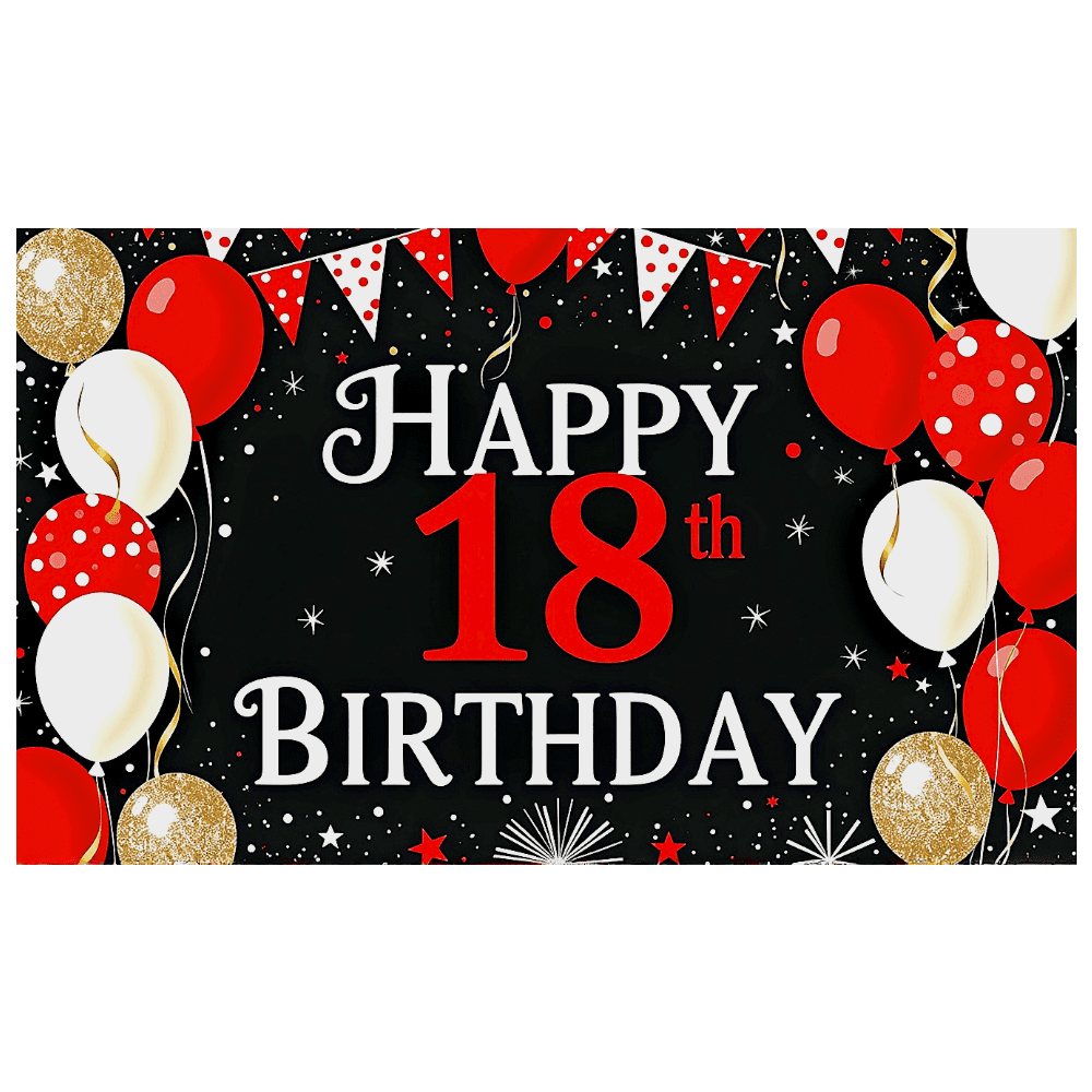 Black Background Happy 18th Birthday Banner with Red White Balloons Star Elements Party Decoration Backdrop Photography Props Birthday Party Supplies Decorations