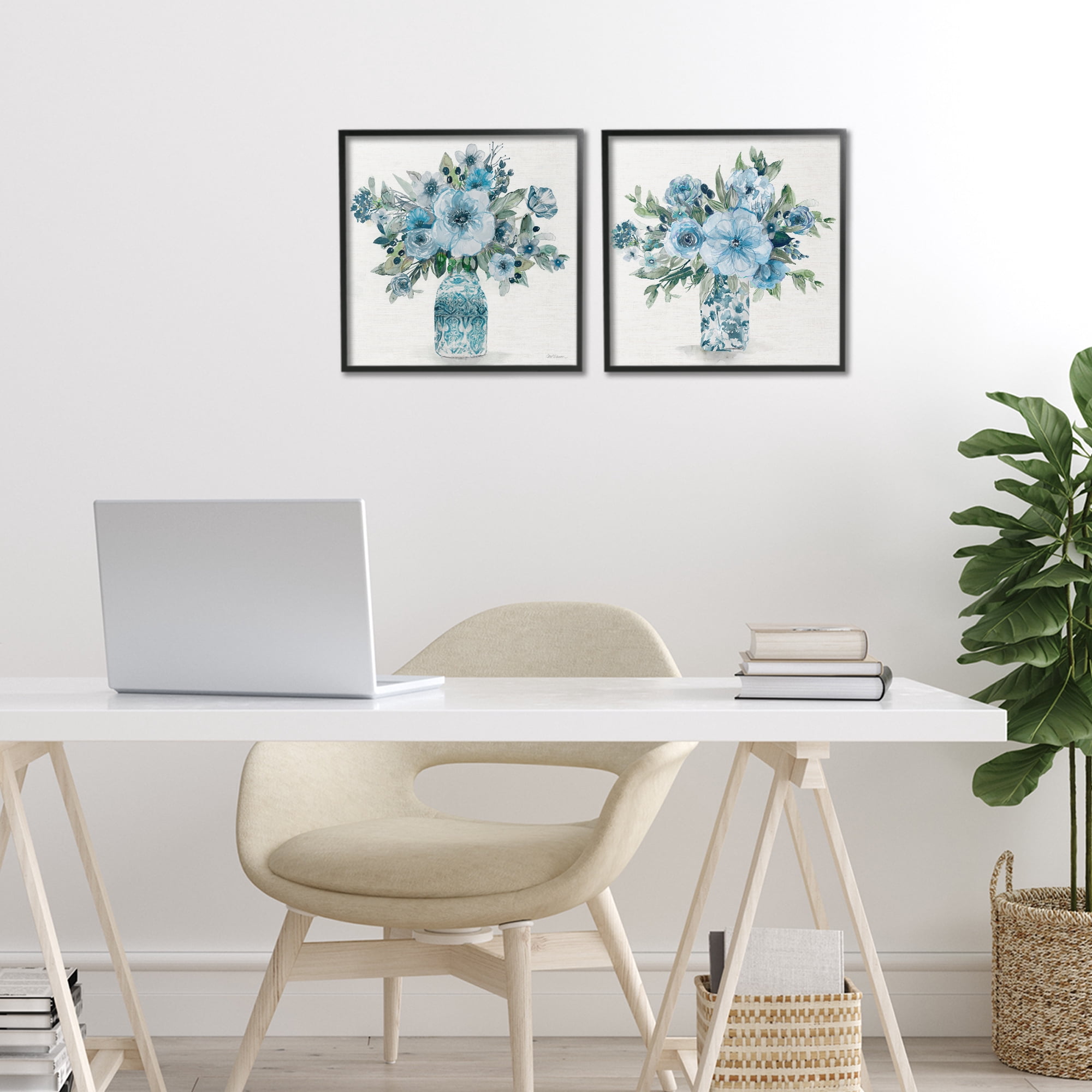 Stupell Industries Pastel Blue Floral Vase Arrangements 2 Piece Black Framed Giclee Art Set, design by Carol Robinson