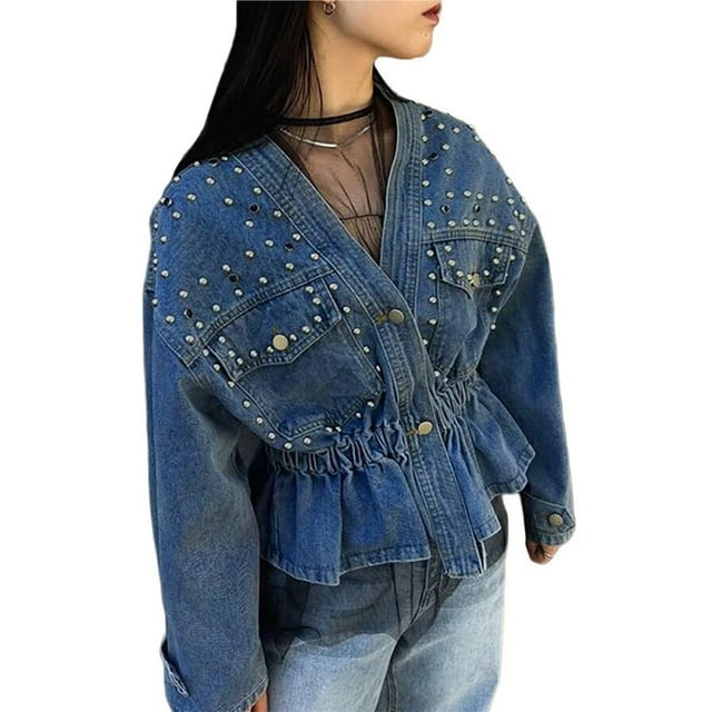 Chaqueta Vaquera de Motociclista con Cuello en V y Botones para Mujer, con Cuentas y Cintura Ceñida, Ropa de Calle de Otoño A . Azul Oscuro M