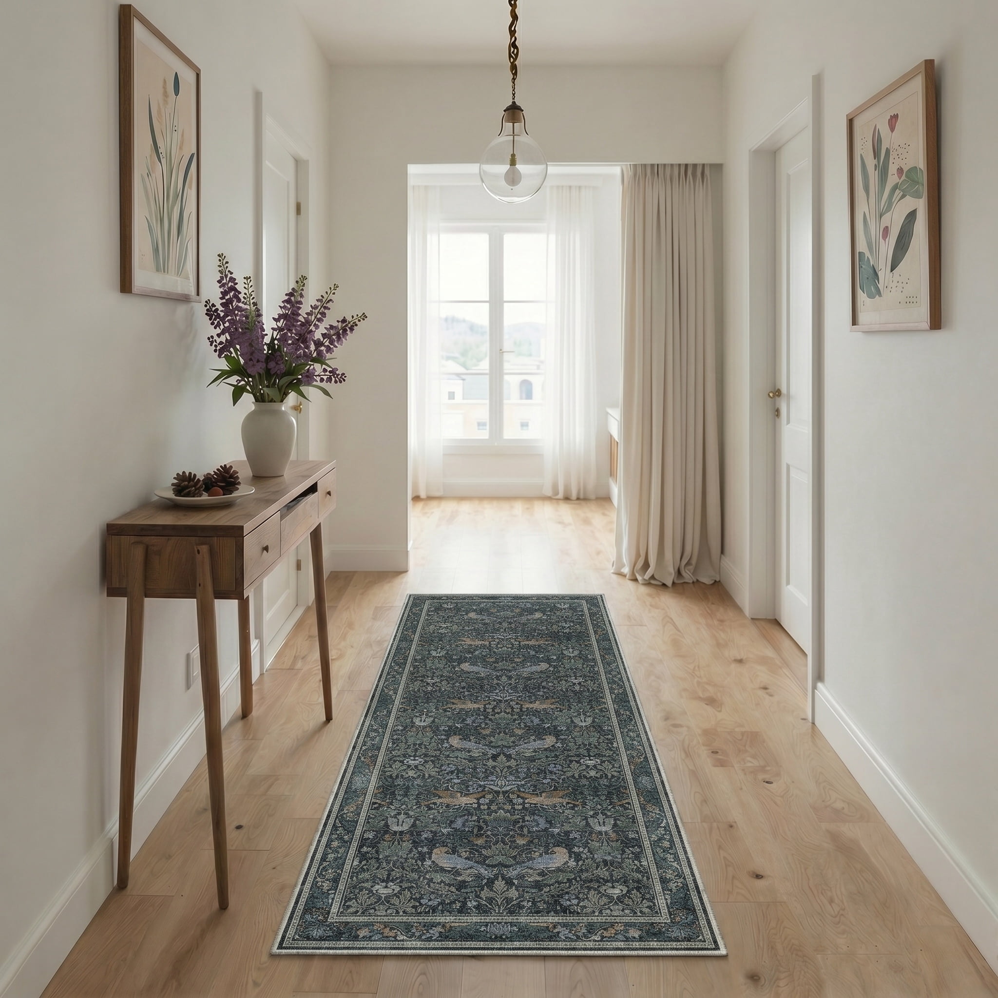 KUETH 8'x10' Vintage Floral Area Rugs for Living Room, Non Slip Machine Washable Forest Bird Rug, Low Pile Print Rug for Bedroom Dining Room Home Office
