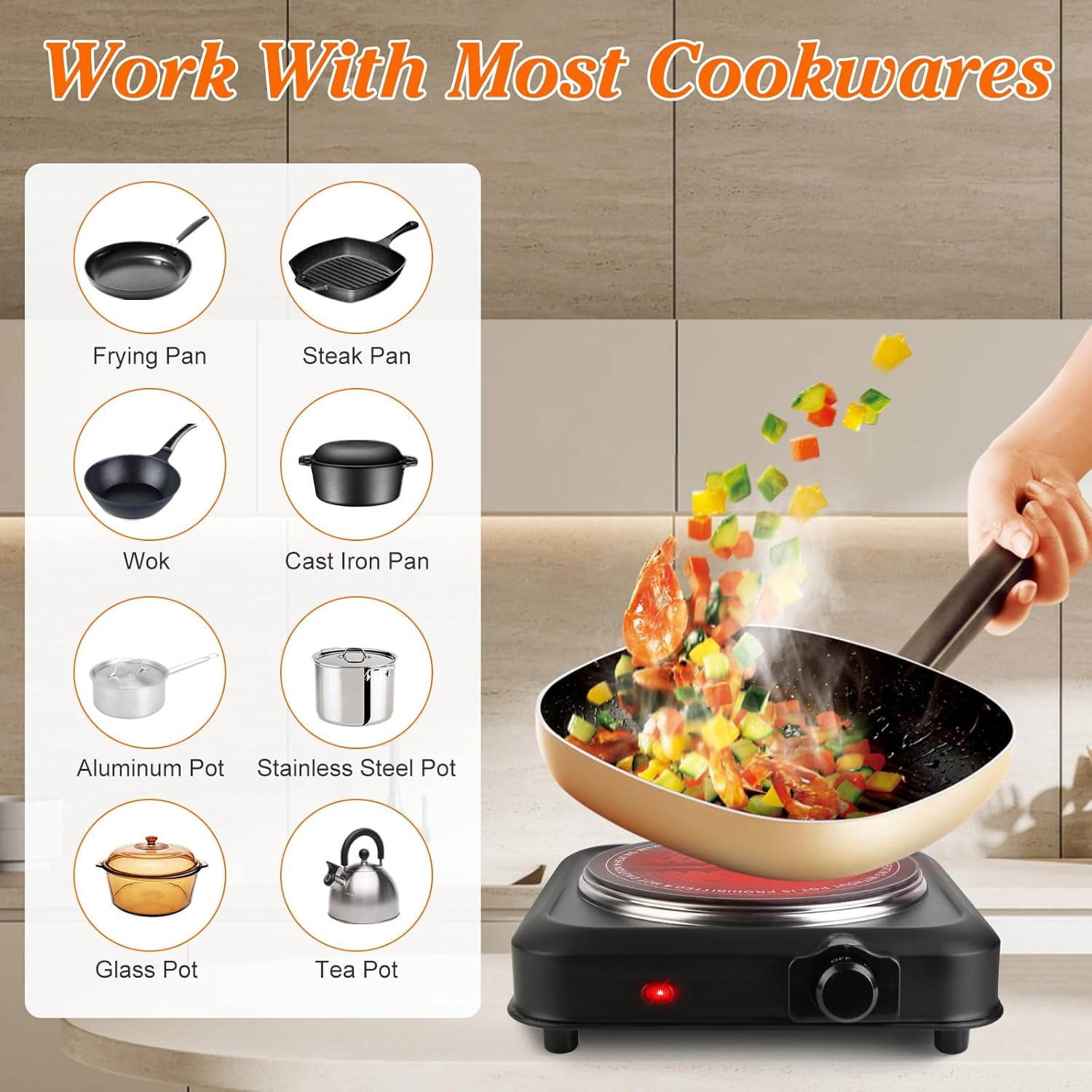 Hot Plates for Countertop, Battery Powered Hot Plate, Electric Hot Plate, 1200w Electric Infrared Single Burner,  Portable Counter Single Stove with 7.5” Glass Cooktop