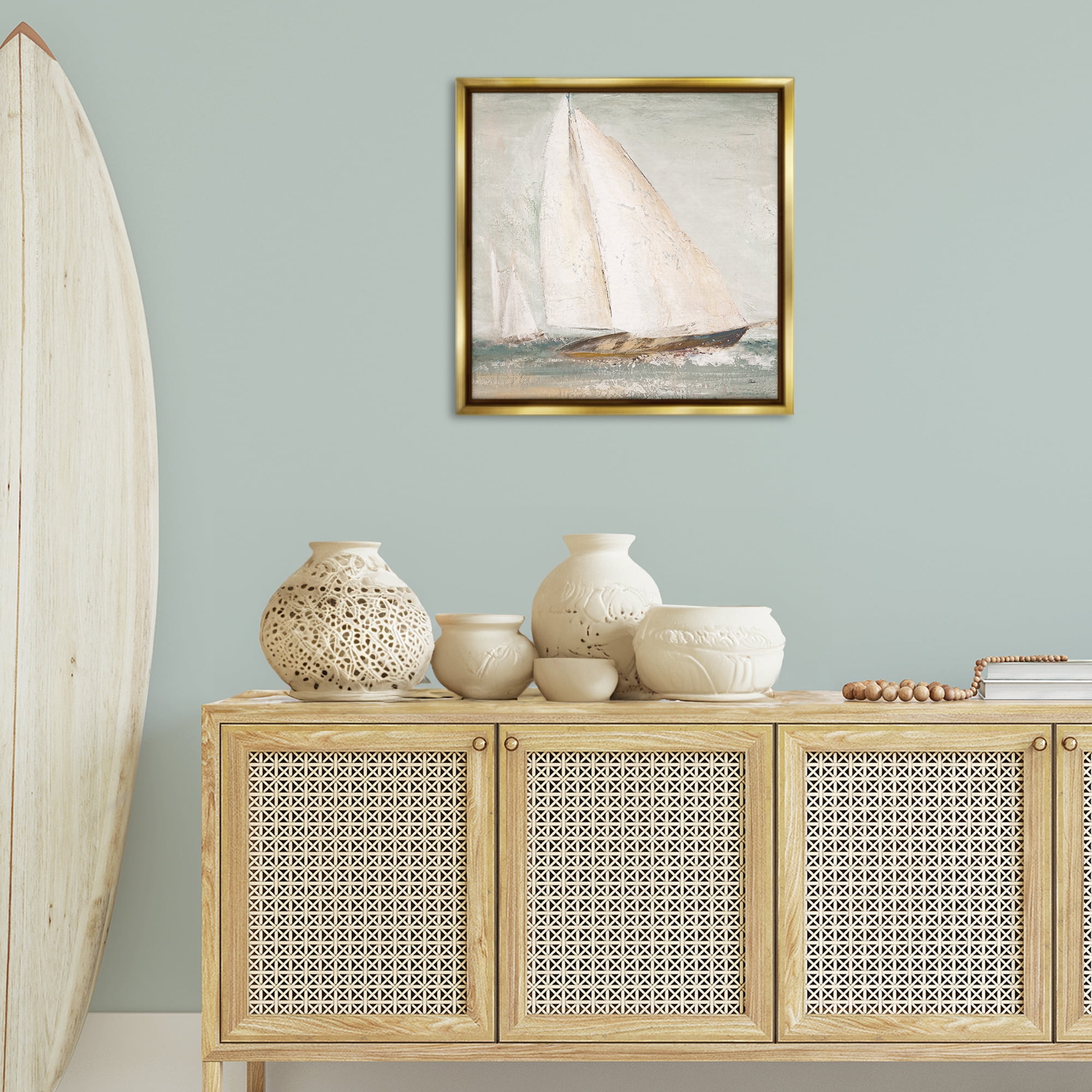 Stupell Industries Vintage Splashing Sailboat Transportation Painting Gold Floater Framed Canvas Art Print Wall Art, 25 x 25