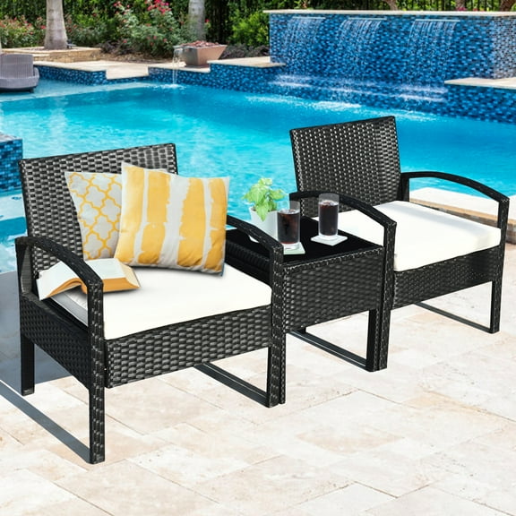 Gymax 3PCS Patio Rattan Conversation Set Garden Furniture Sofa Coffee Table w/ Cushioned