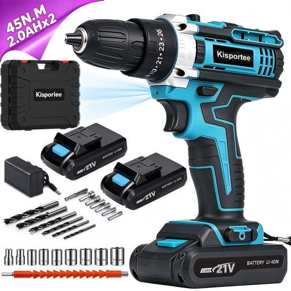 Kisportee Cordless Drill, 21V Power Drill Set with 2x2.0 Batteries, 3/8"Keyless 25 3 Position Electric Drill Tool Kit Storage Organizer with 2-Speed & LED Light for Men (Blue)