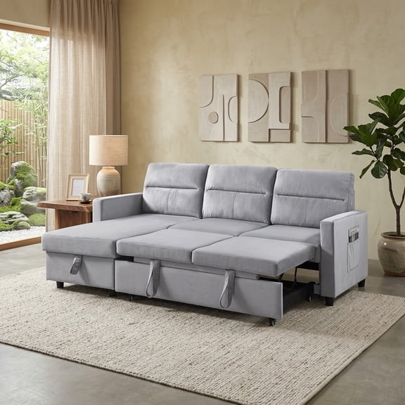 Howcool 82" Reversible Sleeper Sectional Sofa, L-Shaped Pull Out Couch with Storage Chaise & Side Pocket, Velvet Sofa Bed for Living Room, Light Gray