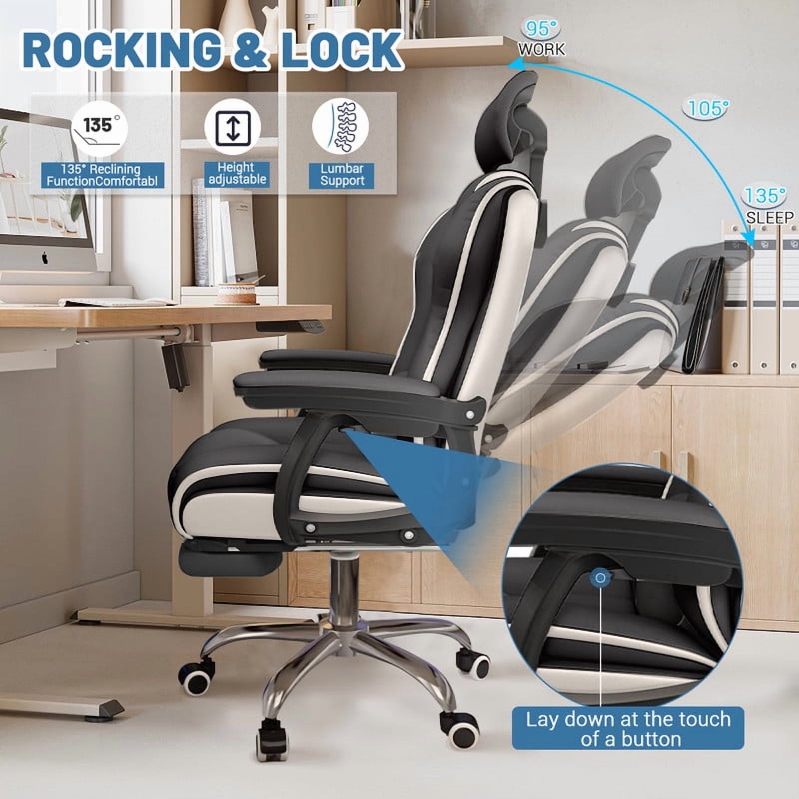 WXJHL Executive Computer Chair Home Office Desk Chair,Adjustable Angle, Ergonomic Adjustable Height PU Leather Chairs with Cushions Armrest for Long Time Seating-High Office Chair （Black）